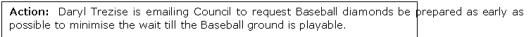 Text Box: Action:  Daryl Trezise is emailing Council to request Baseball diamonds be prepared as early as possible to minimise the wait till the Baseball ground is playable.